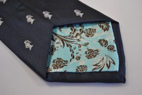 navy tie with medieval knight helmet design